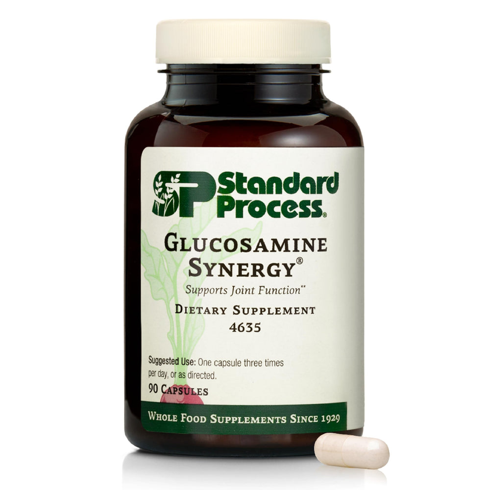Standard Process Glucosamine Synergy bottle highlighting whole food ingredients for joint support