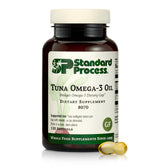 Standard Process Tuna Omega-3 Oil bottle highlights potential brain and eye health support.