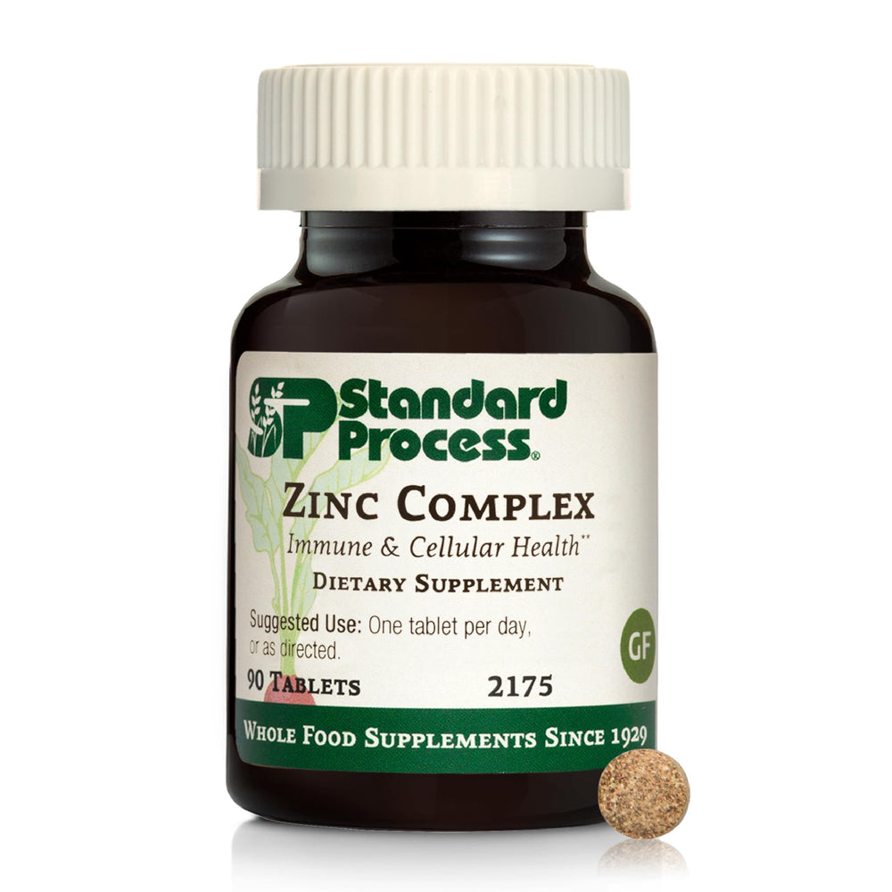 Standard Process Zinc Complex bottle label highlighting enzyme support.
