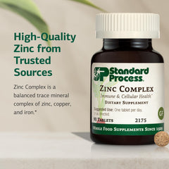 Standard Process Zinc Complex ingredients panel with zinc, copper and iron.