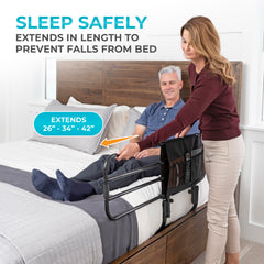 Stander EZ Adjust Bed Rail installed on standard bed with 12–16 in mattress.
