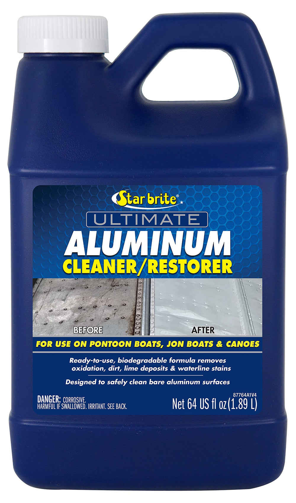 STAR BRITE Ultimate Aluminum Cleaner & Restorer for pontoon cleaning shows renewed shine on aluminum surfaces.
