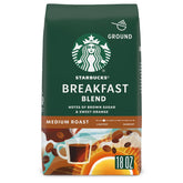 Starbucks Breakfast Blend ground coffee in an 18 oz bag for everyday brewing.