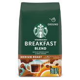 Starbucks Breakfast Blend ground coffee bag 28oz for versatile hot or iced brews.