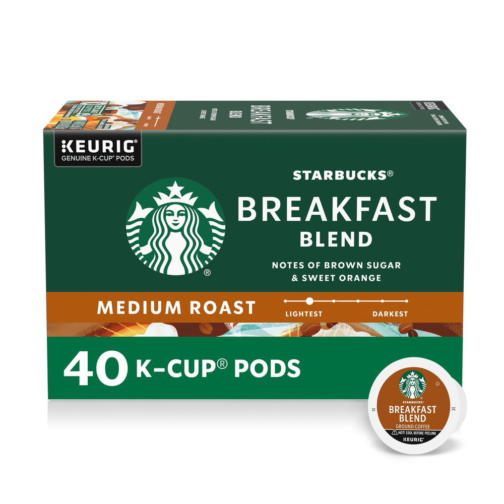 Starbucks Breakfast Blend K-Cup pods box view, easy morning coffee.