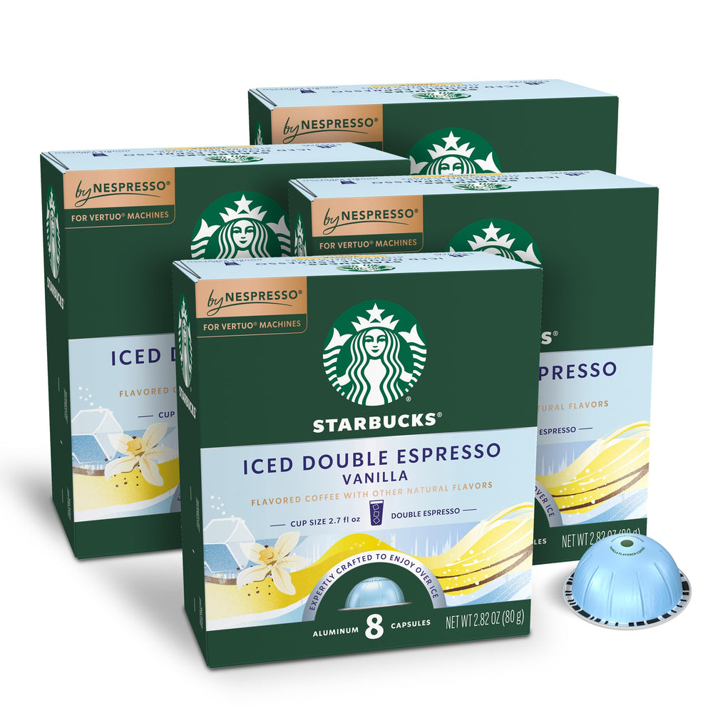 Starbucks by Nespresso iced vanilla double espresso box, ideal for cafe-style iced drinks at home.