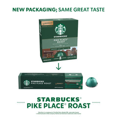 Starbucks by Nespresso Vertuo box shows three packs of Pike Place Roast capsules.