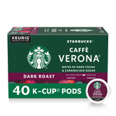 Starbucks caffe-verona dark roast K-Cup box front for home brewing.