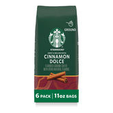 Starbucks Cinnamon Dolce ground coffee in six-bag pack for home brewing.