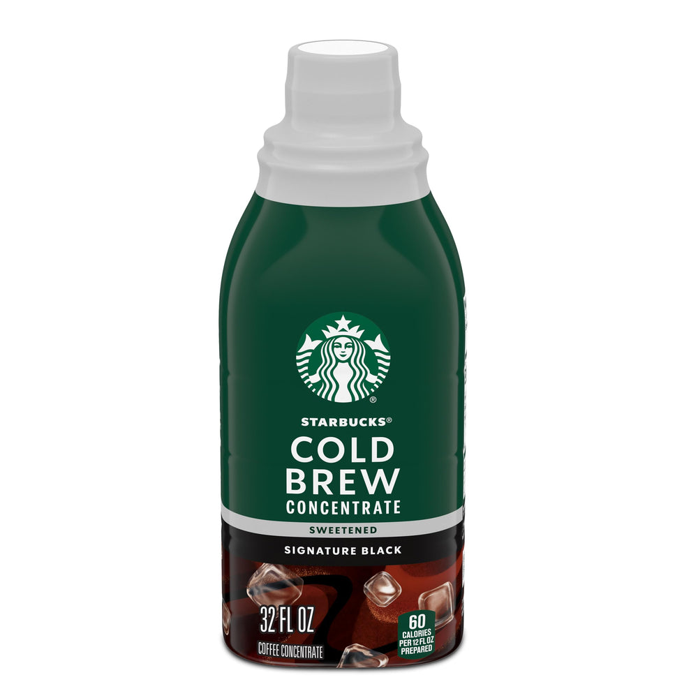 Starbucks Cold Brew Concentrate bottle poured for a quick iced coffee at home.