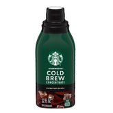 Starbucks Signature Black cold brew concentrate bottle on counter for easy at-home brewing.