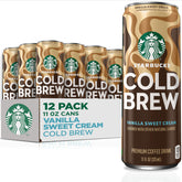 Starbucks Cold Brew Vanilla Sweet Cream cans show 11 oz portions for a ready-to-drink treat.