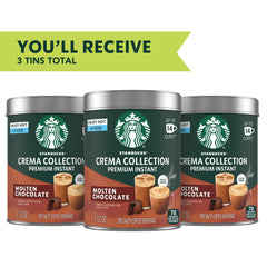 Three-tin display of Starbucks Crema Molten Chocolate for convenient gifting.
