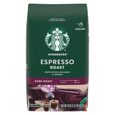 Starbucks Espresso Roast ground coffee 18 oz bag ready for rich brews.