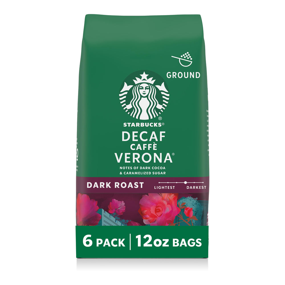Starbucks Decaf Caffè Verona ground coffee packaging for home brewing convenience.