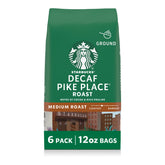 Starbucks Decaf Pike Place ground coffee bags front show six-pack convenience and aroma.