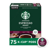 Starbucks Espresso Roast K-Cup pods box offers convenient cafe-quality caffeine at home.