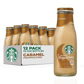Starbucks Frappuccino Caramel bottle closeup highlighting rich coffee and caramel.