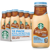 Starbucks Frappuccino Lite sea salt caramel gelato bottle on desk, convenient morning option