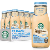 Starbucks Frappuccino Lite Vanilla Gelato bottles in a 12-pack for on-the-go mornings.