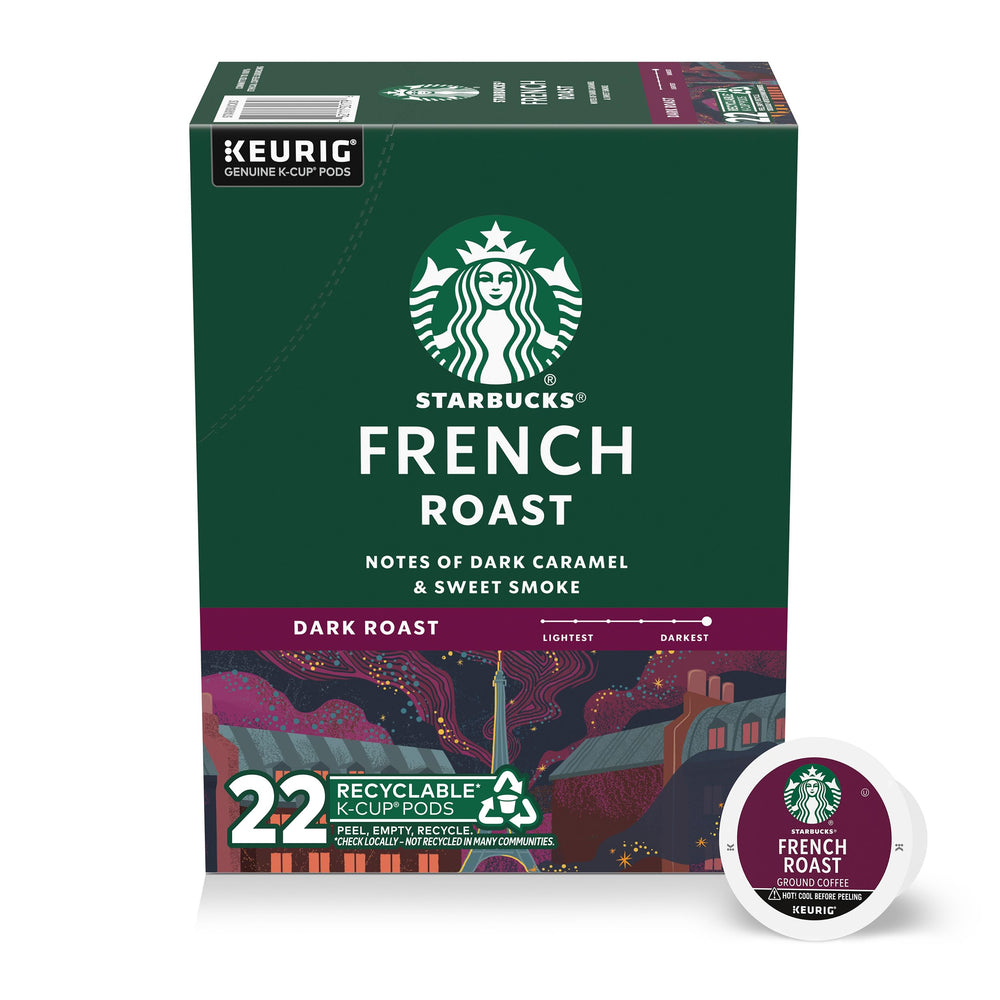 Starbucks French Roast K-Cup pods in a box for Keurig brewers, delivering bold flavor at home.