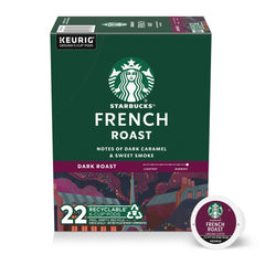 Starbucks French Roast K-Cup pods in a box for Keurig brewers, delivering bold flavor at home.