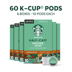 Starbucks Half-Caff House Blend K-Cup box for convenient home brewing.
