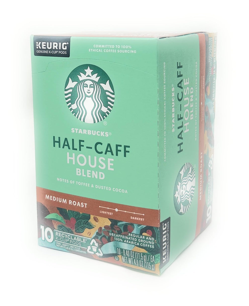 Starbucks Half-Caff House Blend K-Cup pod for balanced flavor and easy brewing.