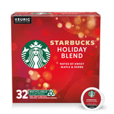 Starbucks Holiday Blend K-Cup pods in festive box for quick mornings.