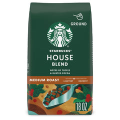 Starbucks House Blend ground coffee 18 oz—balanced aroma for any brew method.