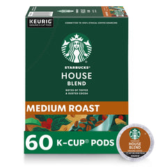 Starbucks House Blend K-Cup packaging with six boxes for home brewing.