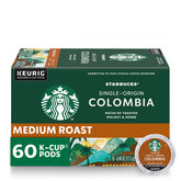 Starbucks K-Cup Colombia medium roast box of 60 pods for convenient daily brewing.