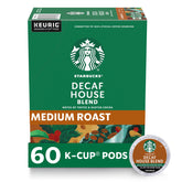 Starbucks Decaf House Blend packaging shows 60 K-Cup pods for home brewing