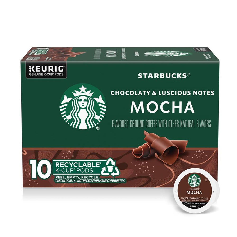 Starbucks Mocha K-Cup pod closeup highlighting rich chocolate flavor.