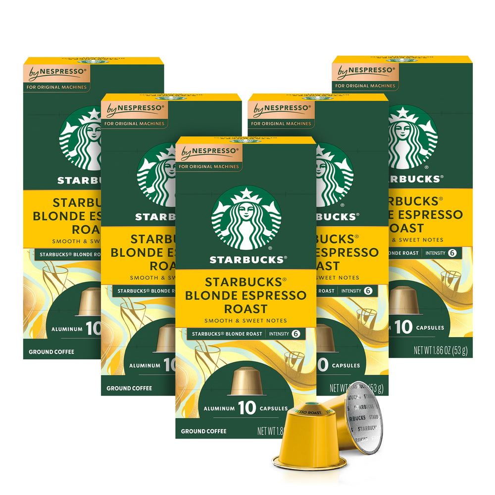 Starbucks Nespresso OriginalLine Blonde pods pack closeup for fresh, balanced espresso flavor