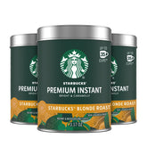 Starbucks Premium Instant Coffee Blonde Roast tin front visible, ideal quick morning pick-me-up.