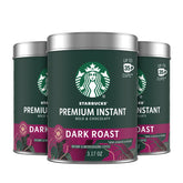 Starbucks Premium Instant Coffee dark roast tins three-pack on display for quick mornings.