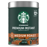 Starbucks Premium Instant Coffee tin with medium roast Arabica beans for home brewing.