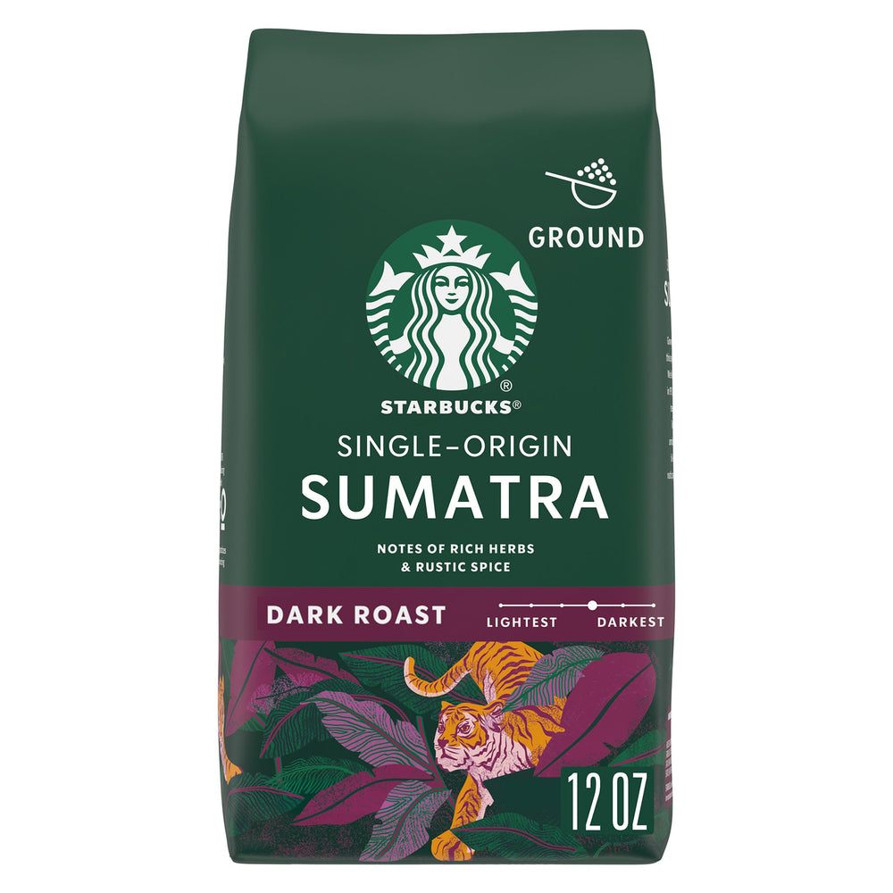 Starbucks Sumatra ground coffee bag on a kitchen counter delivering bold flavor at home.