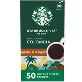 Starbucks VIA Colombia coffee packets for quick on-demand brewing.