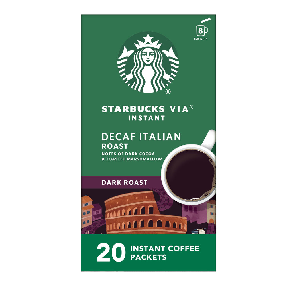 Starbucks VIA Decaf Italian Roast packets for quick, flavorful mornings with no brewer required.