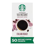 Starbucks VIA Italian Roast box with 50 packets for quick mornings.