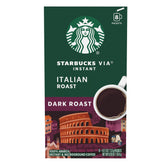 Starbucks VIA Italian Roast packaging shows convenient single-serve packets for on-the-go brewing.