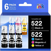 Starink 522 bottle set for EcoTank printers shows six-pack capacity for longer printing.