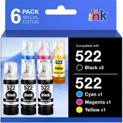Starink 522 bottle set for EcoTank printers shows six-pack capacity for longer printing.