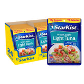 StarKist Chunk Light Tuna in Water pouch close-up, showcasing mild texture for quick meals.