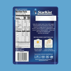 StarKist Chunk Light Tuna in Water pouch highlights wild-caught sourcing and dolphin-safe practices.