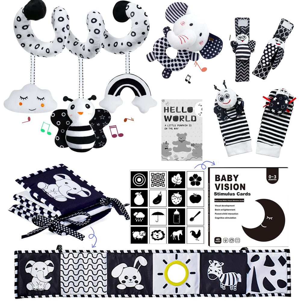 Starrykids black-white sensory toy set car-seat engages newborns with sound and sight