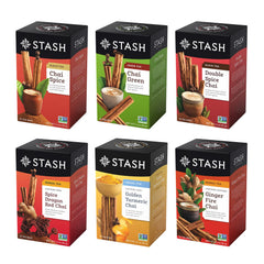 Stash Tea chai variety pack boxes display six bold flavors for daily ritual