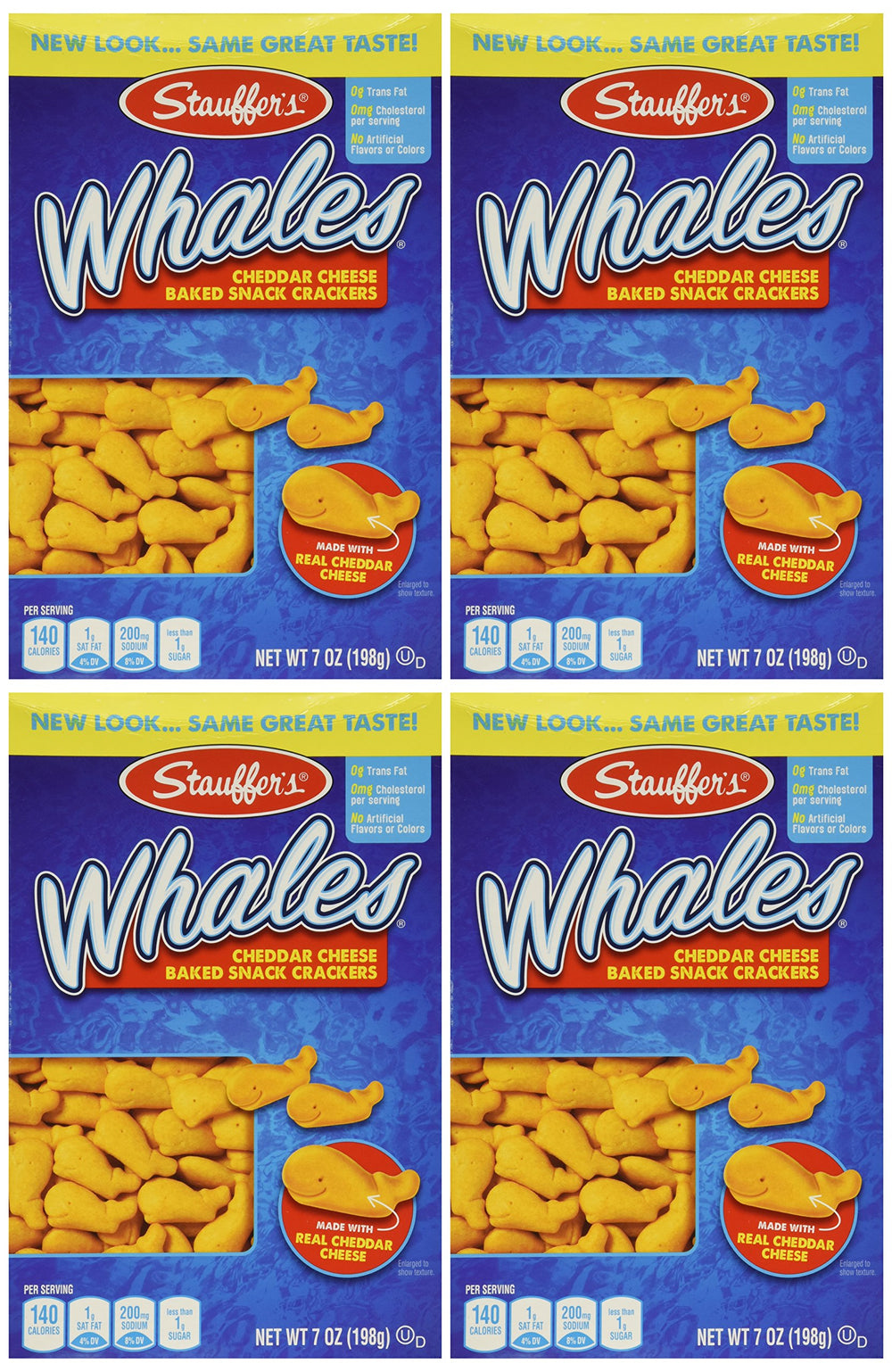 Stauffer's Whales cheddar crackers box front, ready snack for kids.